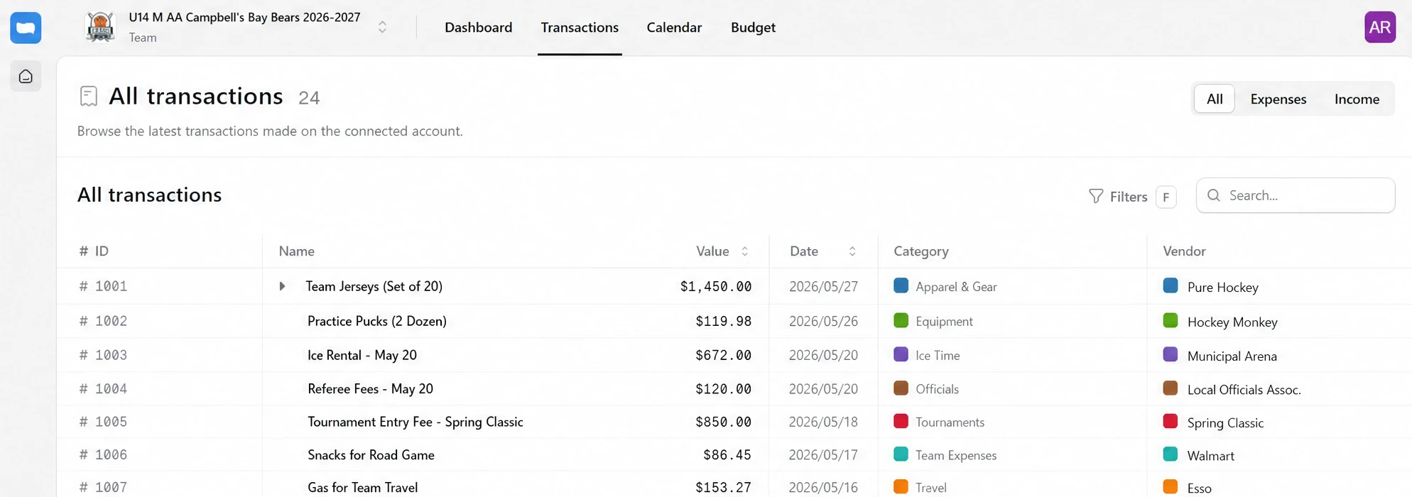 HuddleBooks demo Transactions page showing a focused set of hockey-related expenses, dates, categories, and vendors